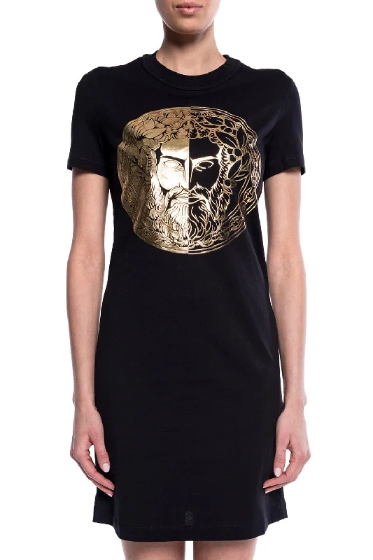 Unleash Your Trend Driven Style Versace Jeans Couture Women's Black Gold Logo Short Sleeve T-Shirt Dress Modern Glamour