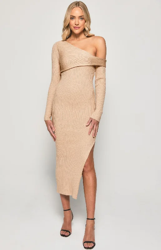 Fashionista Sale Alina Knit Midi Dress - Latte Classic Appeal