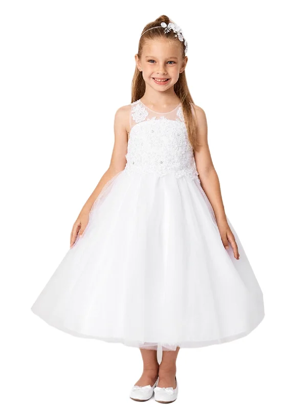 Limited Styles Girls White Illusion Neck Embroidered Tulle Junior Bridesmaid Dress 2-14 Rustic Countryside Charm Look