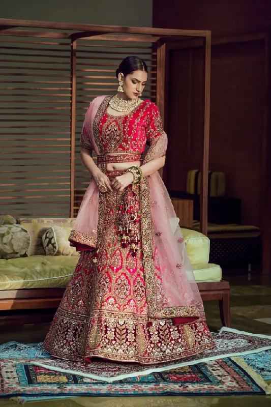 Limited-Time Offer Carnation Red Embroidered Bridal Lehenga - Rent Contemporary Chic