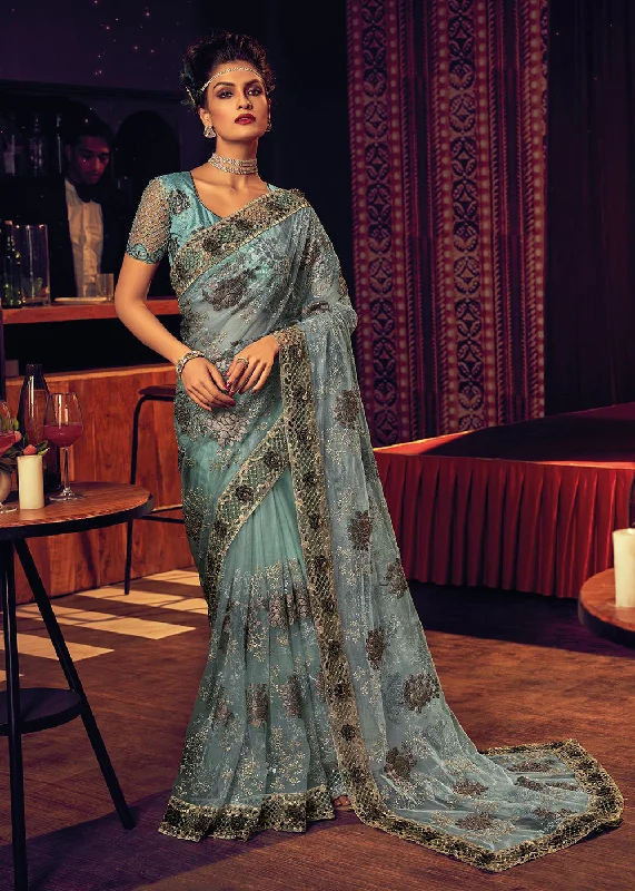 Elegant Style Bridal Party Phenomenal Sea Green Premium Net Designer Saree Feminine Elegant