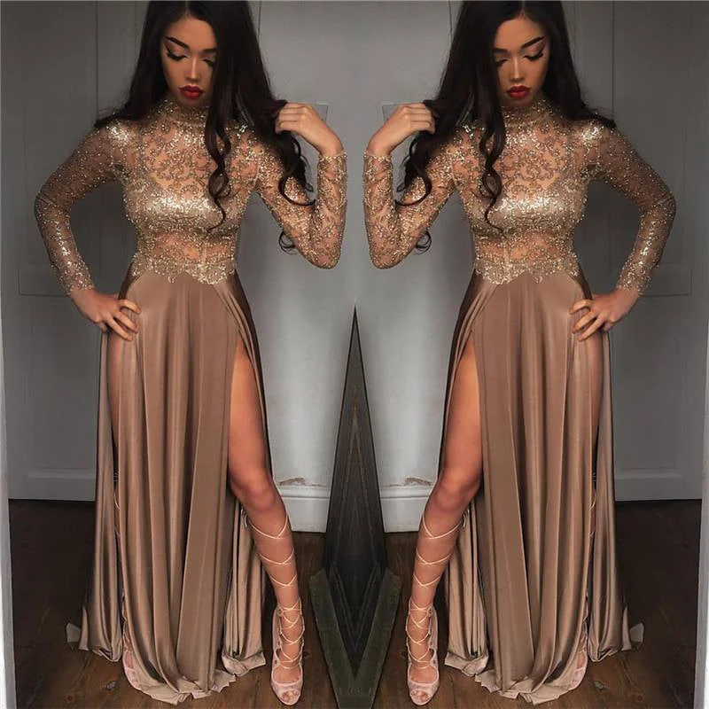 Durable Fashion Picks Bling Bling Golden  Sequins Prom Dresses Long Sleeves Formal Evening Dress with Sexy Slits 2020 Feminine Elegance