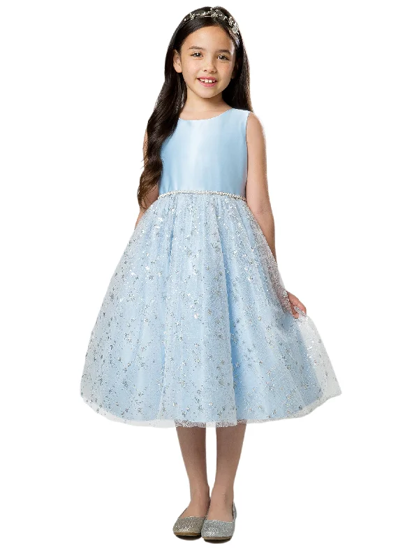 Essentials On Sale Big Girls Light Blue Satin Diamond Sequin Tulle Junior Bridesmaid Dress 7-16 Classic Charm