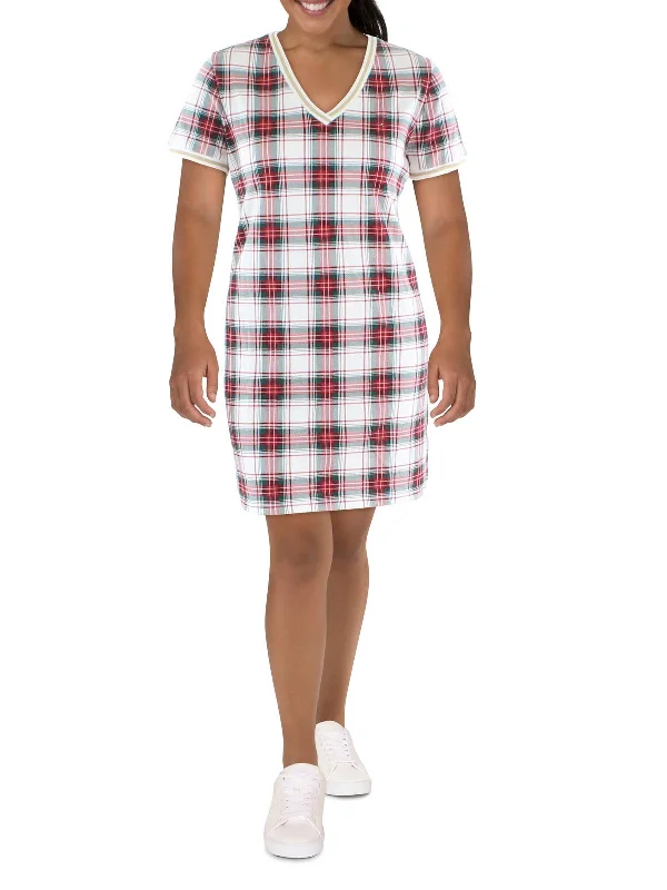 Clearance Sale, All Cheap Womens Metallic Trim Plaid T-Shirt Dress Effortless Comfort