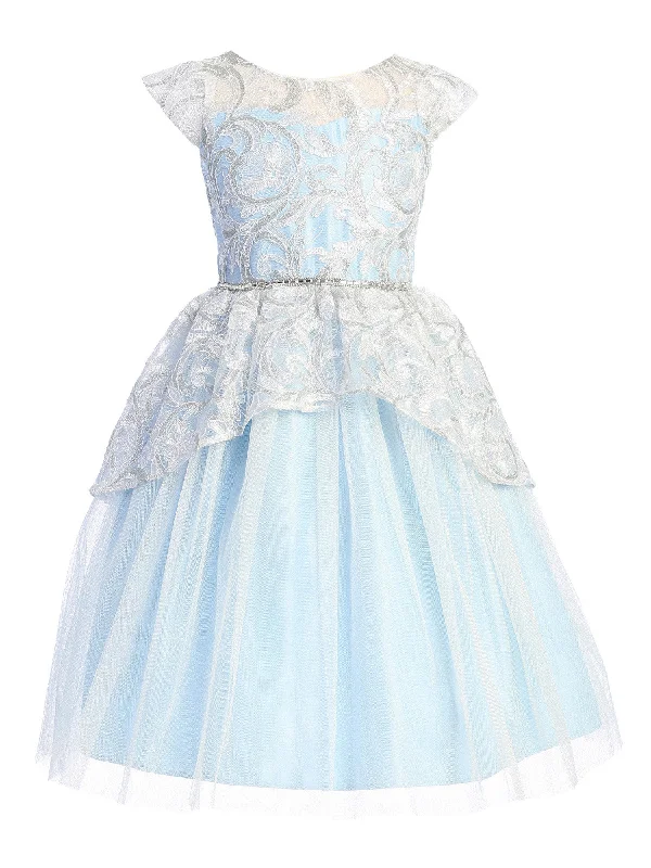 Find Your Unique Flair Big Girls Light Blue Lace Peplum Crystal Tulle Junior Bridesmaid Dress 7-16 Sophisticated Cut