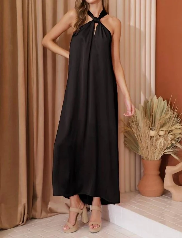 Seasonal Picks Satin Knot Maxi Dress In Black Subtle Sophistication