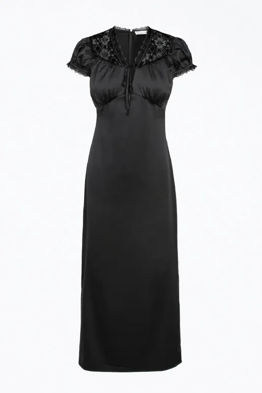 Top Brand Discounts Lace-Trimmed Satin Midi Dress In Black Bohemian Vibe