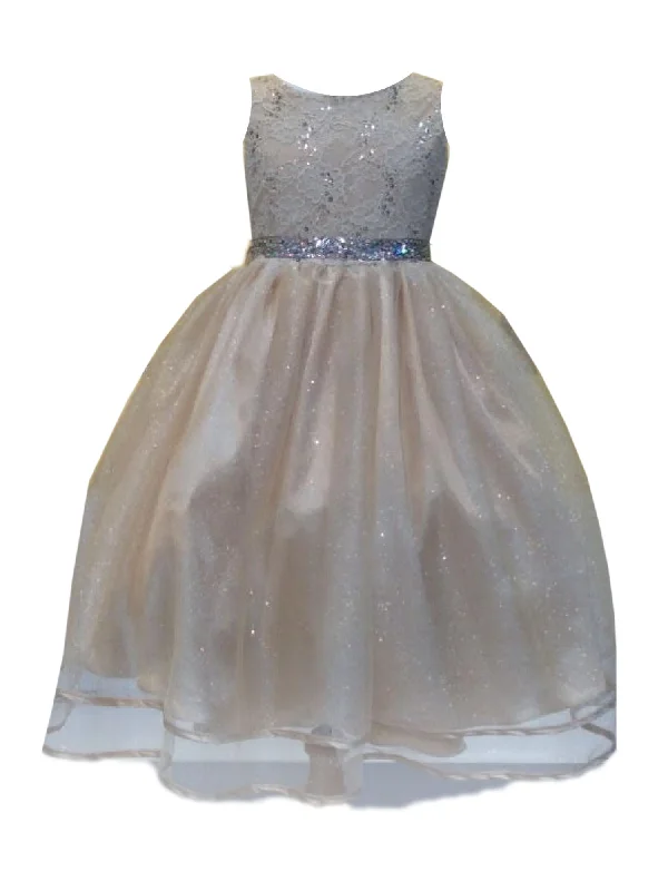 Premium Style Offers Big Girls Champagne Lace Sequin Belt Glitter Tulle Junior Bridesmaid Dress 8-16 Vintage Look