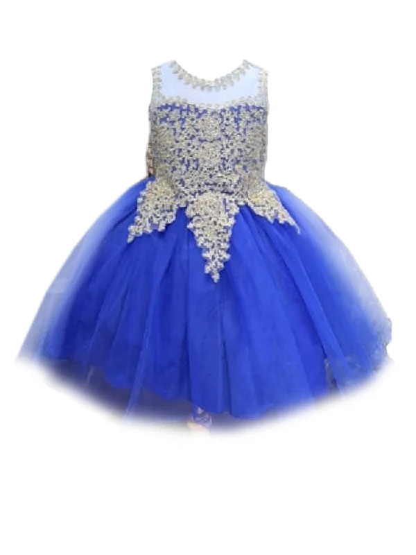 Don't Miss Out Big Girls Royal Blue Embroidered Illusion Neckline Junior Bridesmaid Dress 8-18 Feminine Soft - Hued Look