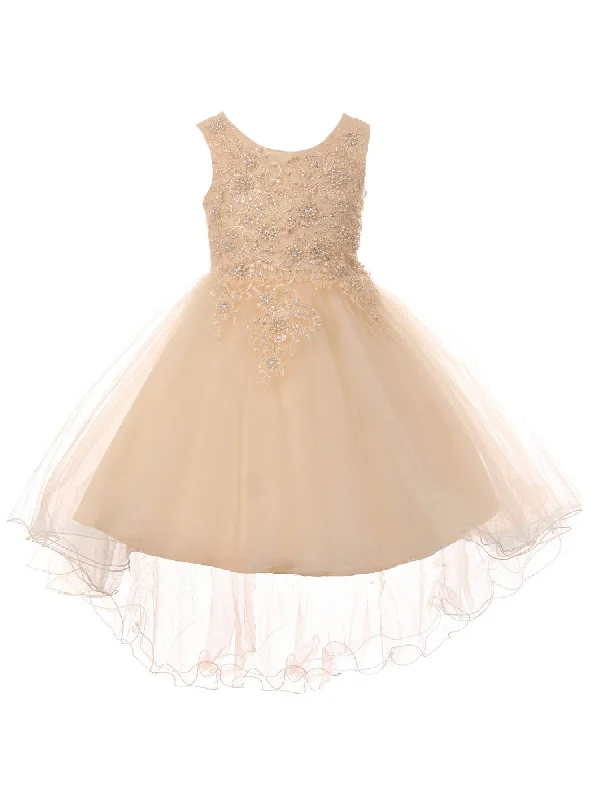 Daring Fashion Promotions Big Girls Champagne Rhinestone Pearl Wired Tulle Hi-Low Junior Bridesmaid Dress 8-12 Effortless Comfort