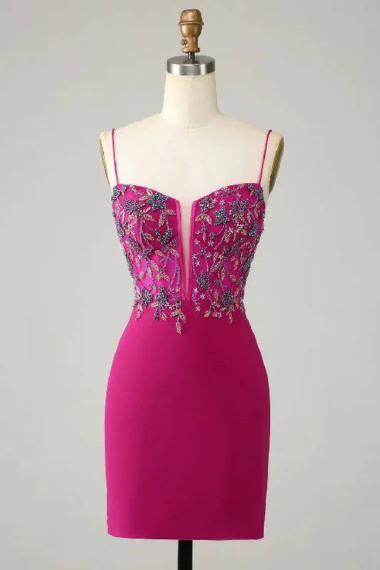 Daring Fashion Promotions Stylish Bodycon Spaghetti Straps Fuchsia Short Homecoming Dress with Beaded Charming Silhouette