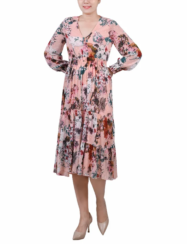 Seize Bargains Long Sleeve Clip Dot Chiffon Dress With Smocked Waist and Cuffs Artful Design