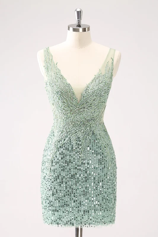 Flash Sale Fever Sparkly Green Bodycon V Neck Sequin Short Homecoming Dress with Beading Limited - Edition Drops