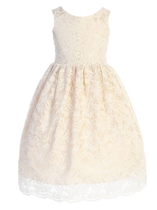 Fast Fashion Favorites Big Girls Champagne Lace V Back Junior Bridesmaid Dress 8-14 Playful Elegance