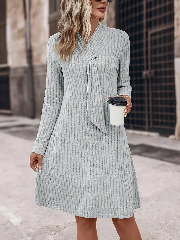 Vintage Style Deals Elegant Aline Dress - Exquisite Solid Tie Decor, Flattering Long Sleeves, Slim-Fit Design, Versatile for Spring and Fall - Womens Clothing for a Sophisticated Look Classic Appeal