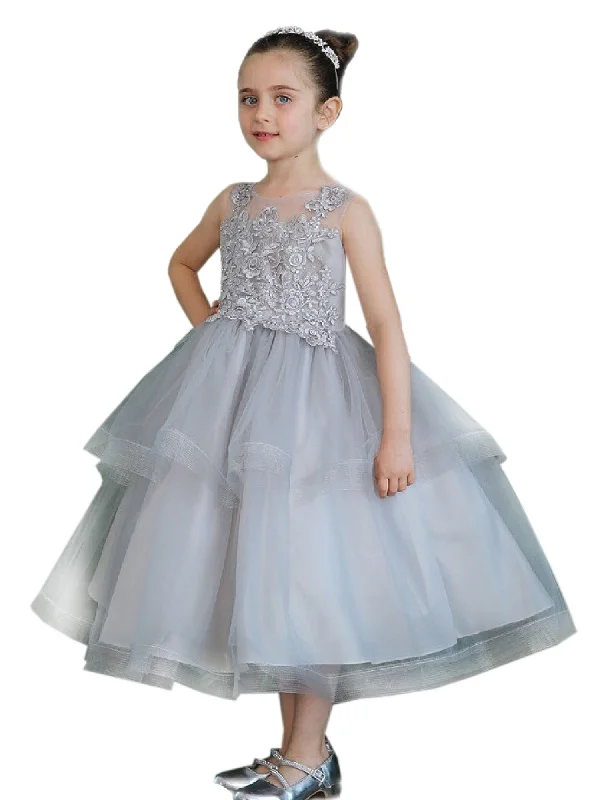 Flash Sale Starts Big Girls Silver Illusion Neckline Lace Organza Junior Bridesmaid Dress 8-16 Today Only