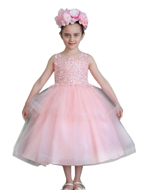 You'Ll Love Us Because Big Girls Pink Illusion Neckline Lace Organza Junior Bridesmaid Dress 8-16 Formal Outfit