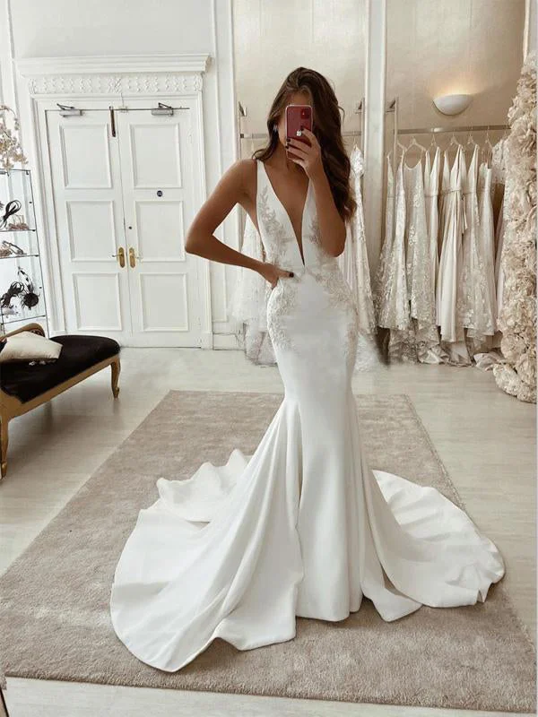 Sophisticated Street Style Offers Charming Mermaid V-Neck Satin Simple Unique Lace Wedding Dresses WD0440 Urban Sophistication