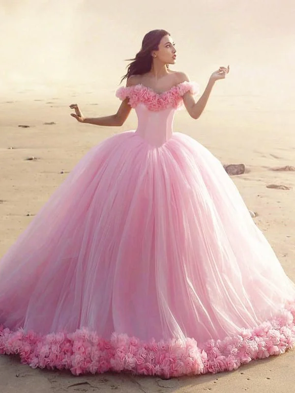 Buy More, Save More Off Shoulder Pink Tulle Flowers Wedding Dresses, Luxury Wedding Dresses, 2021 Wedding Dresses, Bridal Gown Y2K Nostalgic Fashion Look