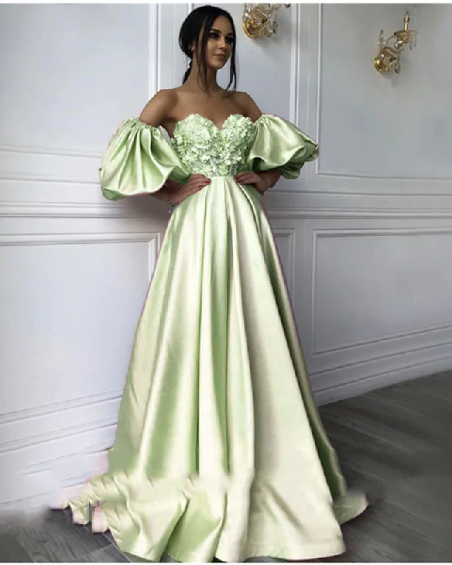 Unleash Your Trend Driven Style Mint Green /Pink Puffy Sleeves Satin Flowers Sweetheart A Line Long Prom Dresses for Girls PL10514 Today Only