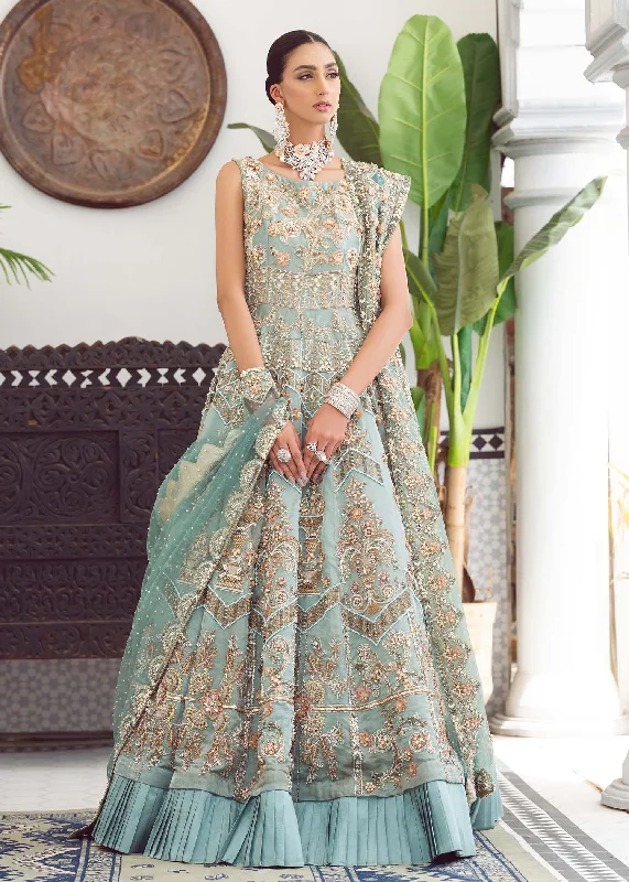 Seasonal Picks Blue Bridal Dress Pakistani in Embellished Gown Style Art Deco Geometric Pattern Look