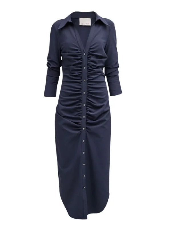 Chic Style, Always In Vogue Cinq A Sept Women Elina Button Down Ruched Midi Shirt Dress Navy Bohemian Vibe