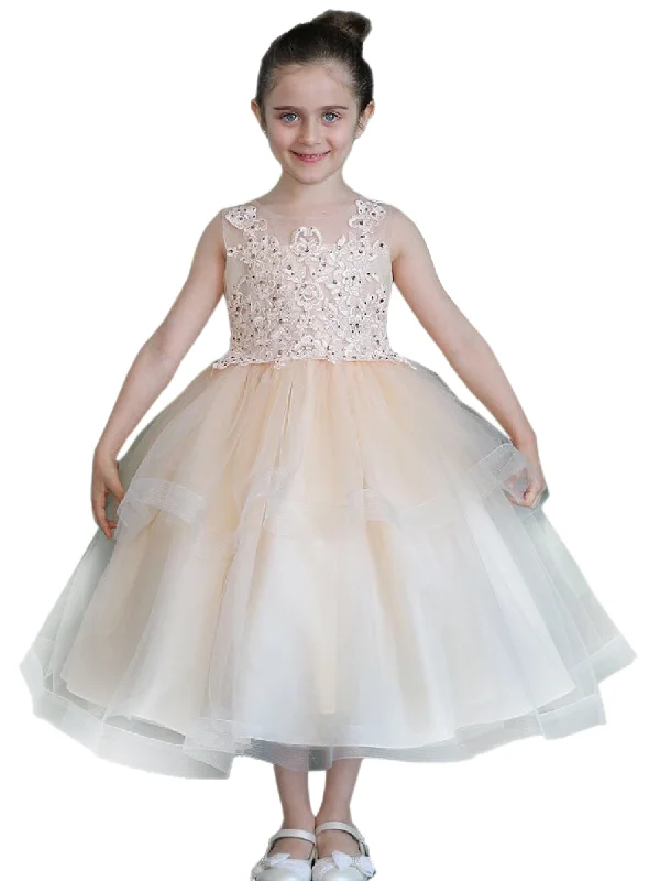 Fresh Fashion Discounts Big Girls Champagne Illusion Neckline Lace Organza Junior Bridesmaid Dress 8-16 Floral Style