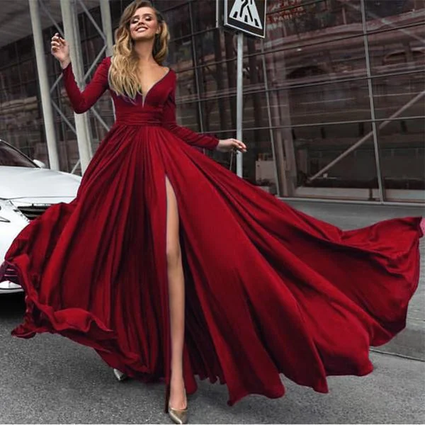 Chic Trend Collection Long Sleeved Formal Wear for Women Outfits 2018 Sexy Slit Evening Dress Burgundy/red Elegant Details