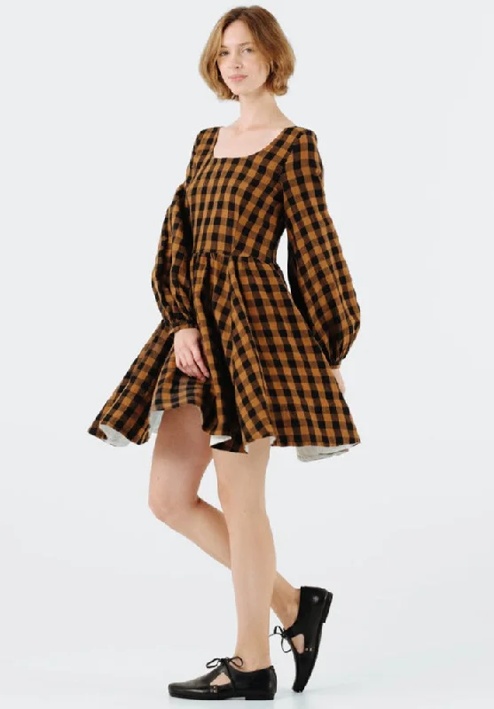 Fashion-Forward Mini Carmen Dress, Long Sleeve, Brown Checkers Save on Classic Elegant Styles