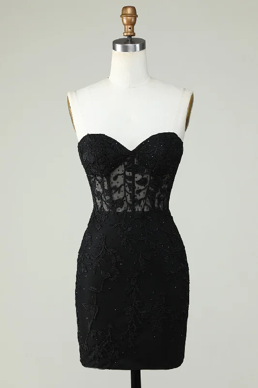 Contemporary Fashion Sale Bodycon Black Sweetheart Corset Short Homecoming Dress with Appliques Elegant Details