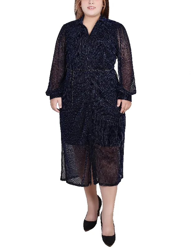 Discover Promotions Plus Size Long Sleeve Plisse Mesh Dress With Belt Effortless Style