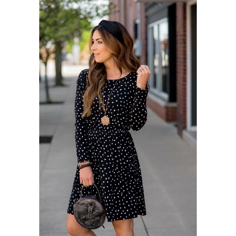 Ends Soon Dotted Pocket Long Sleeve Dress Luxury Style