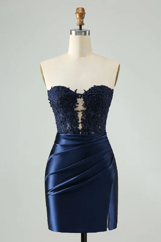 Casual Yet Chic Sales Navy Bodycon Sweetheart Corset Beaded Short Homecoming Dress with Hollow Out Graceful Movement