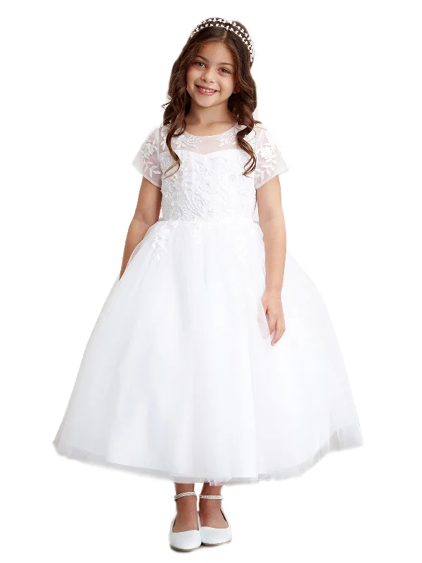 Luxury Casual Deals Big Girls White Illusion Neckline Short Sleeve Junior Bridesmaid Dress 8-16 Feminine Soft - Hued Look