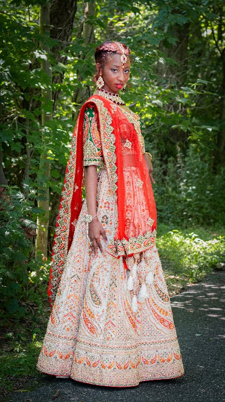 Budget-Friendly Fashion Cream Bridal Heavy Embroidered Lehenga Set With Red Dupatta- Rent Feminine Allure