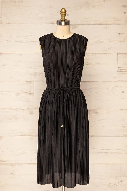 Sleek Style Discounts Padstow Black | Sleeveless Pleated Midi Dress Feminine Elegance