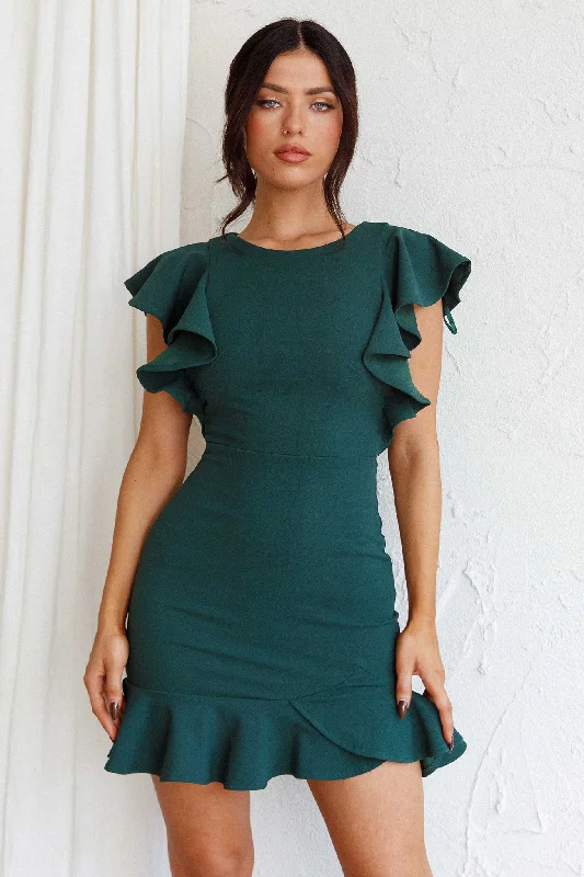 Mega Sales Cupid's Bow Ruffle Shoulder Bodycon Dress Forest Green Vintage Charm