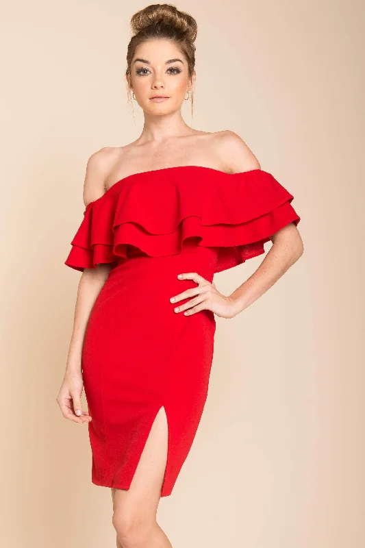 Premium Style Manilla Ruffle Bodycon Dress Red Feminine Grace