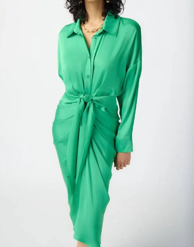 Browse Our Top Products Tie Front Satin Blouse Dress In Green Feminine Flow