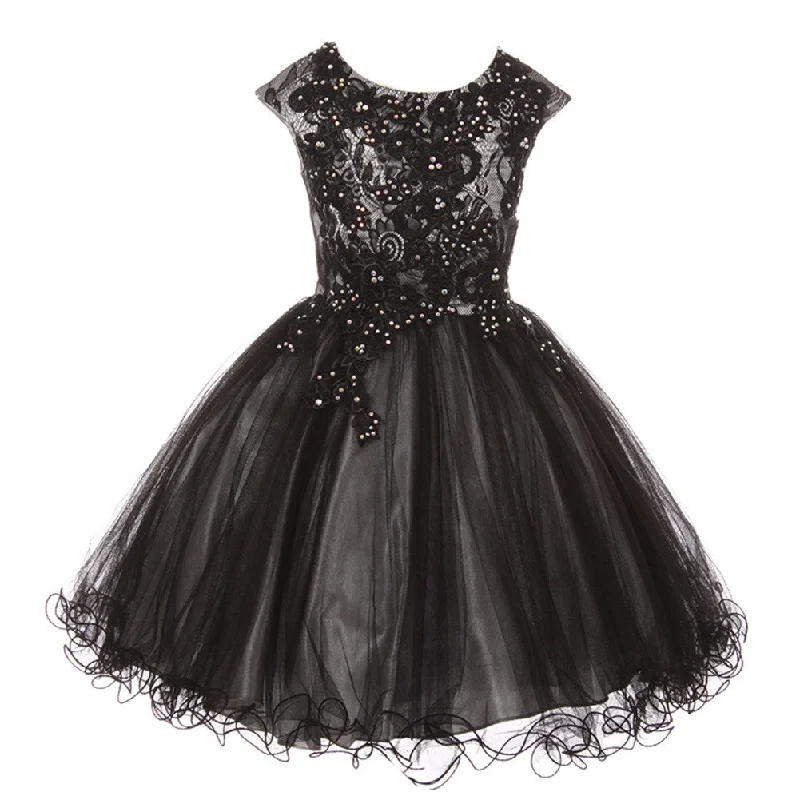 Break Fashion Norms Big Girls Silver Black Rhinestone Embroidered Lace Junior Bridesmaid Dress 8-16 Feminine Elegance