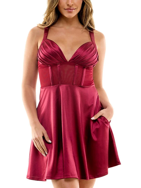 Limited Stock, Big Discounts Juniors Womens Corset Seamed Satin Fit & Flare Dress Classic Timeless Elegant Style