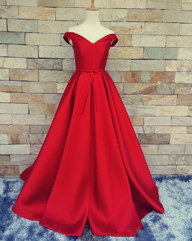 Style Redefined Elegant A Line Red Off the Shoulder Satin Formal Gowns Prom PL10325 Feminine Allure