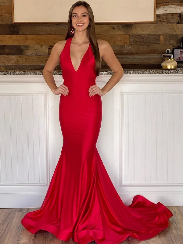 Flirty Fashion Discounts Roycebridal Halter Deep V Neck Red Long Bodycon Prom Dress Dreamy Draping