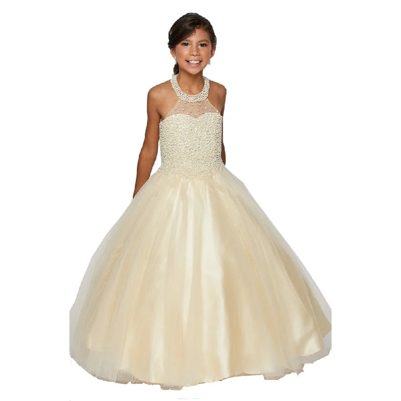 Elevated Casual Discounts Big Girls Champagne Dazzling Halter Neck Tulle Junior Bridesmaid Dress 8-16 Final Clearance