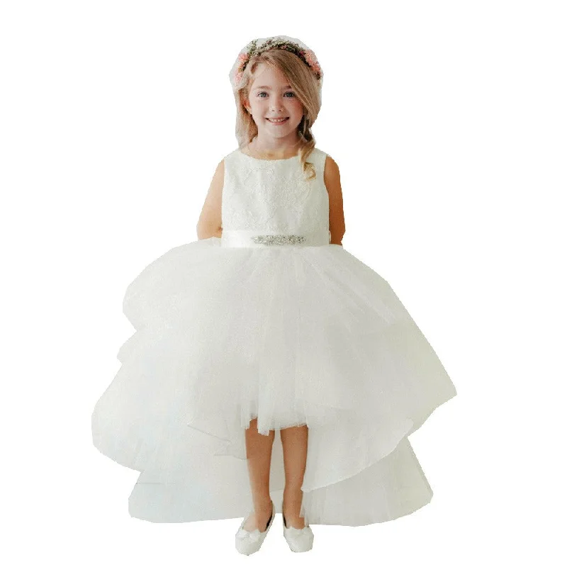 Limited Time Offers Big Girls Ivory Lace Bodice Beaded Sash Hi-Low Junior Bridesmaid Dress 8-12 Feminine Charm