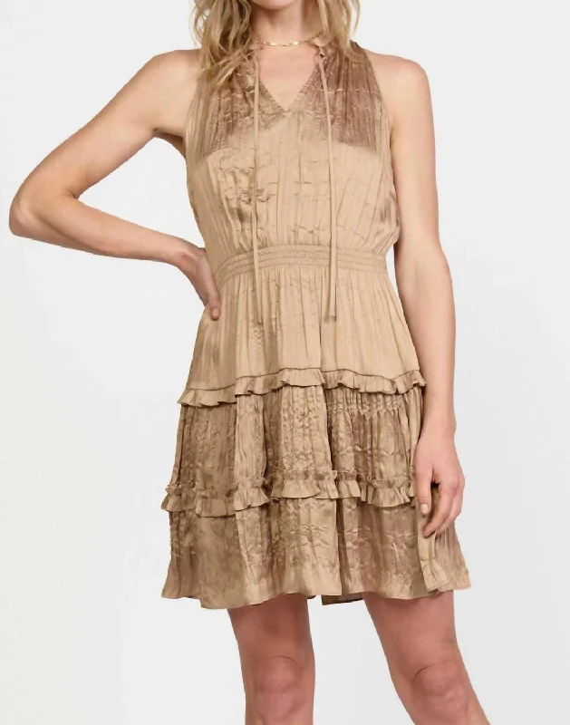 Contemporary Casual Deals Sleeveless Split Neck Dress In Taupe Flowy Fabric