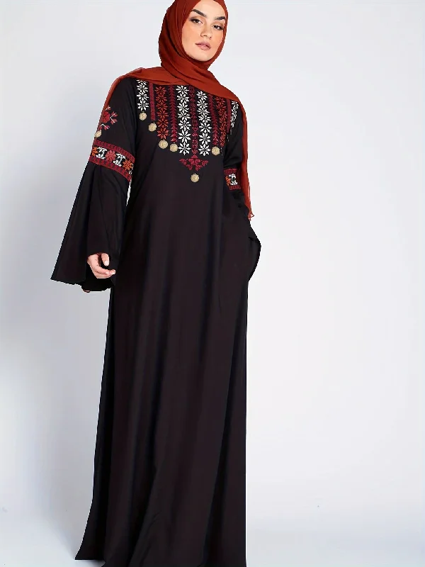 Elegant Fashion Offers Elegant Long Sleeve Kaftan Dress for Women - Embroidered Maxi for Ramadan, Perfect Crew Neck Attire for Fall & Winter Feminine Allure