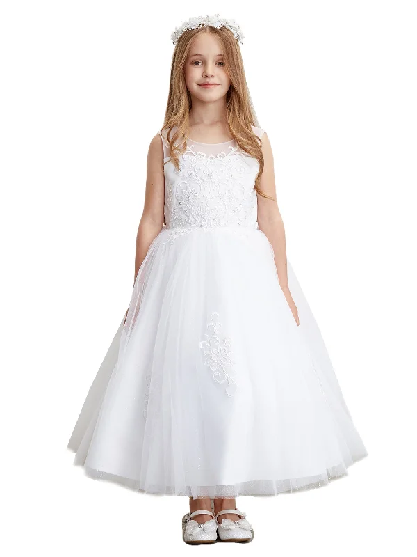 Catch Every Fashion Trend Big Girls White Illusion Neckline Lace Appliques Junior Bridesmaid Dress 8-18 Luxe Layering