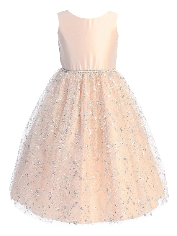 Vintage Style Deals Big Girls Blush Satin Diamond Sequin Crystal Tulle Junior Bridesmaid Dress 7-16 Dreamy Draping