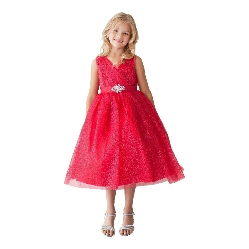 Insane Discount Onslaught Big Girls Red Glitter Tulle Rhinestone Brooch Junior Bridesmaid Dress 8-12 Flowing Silhouette